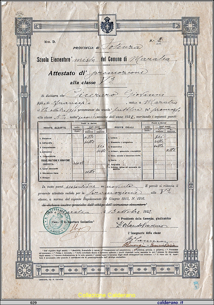 Attestato di promozione del 1922 di Ciceraro Giovanni.jpg