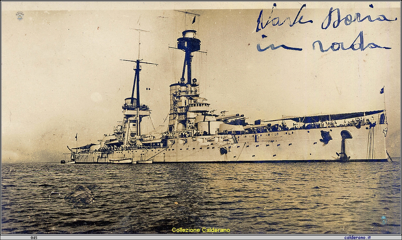 Nave Andrea Doria in rada a Gaeta con Giuseppe Calderano imbarcato 19-9-1935.jpg