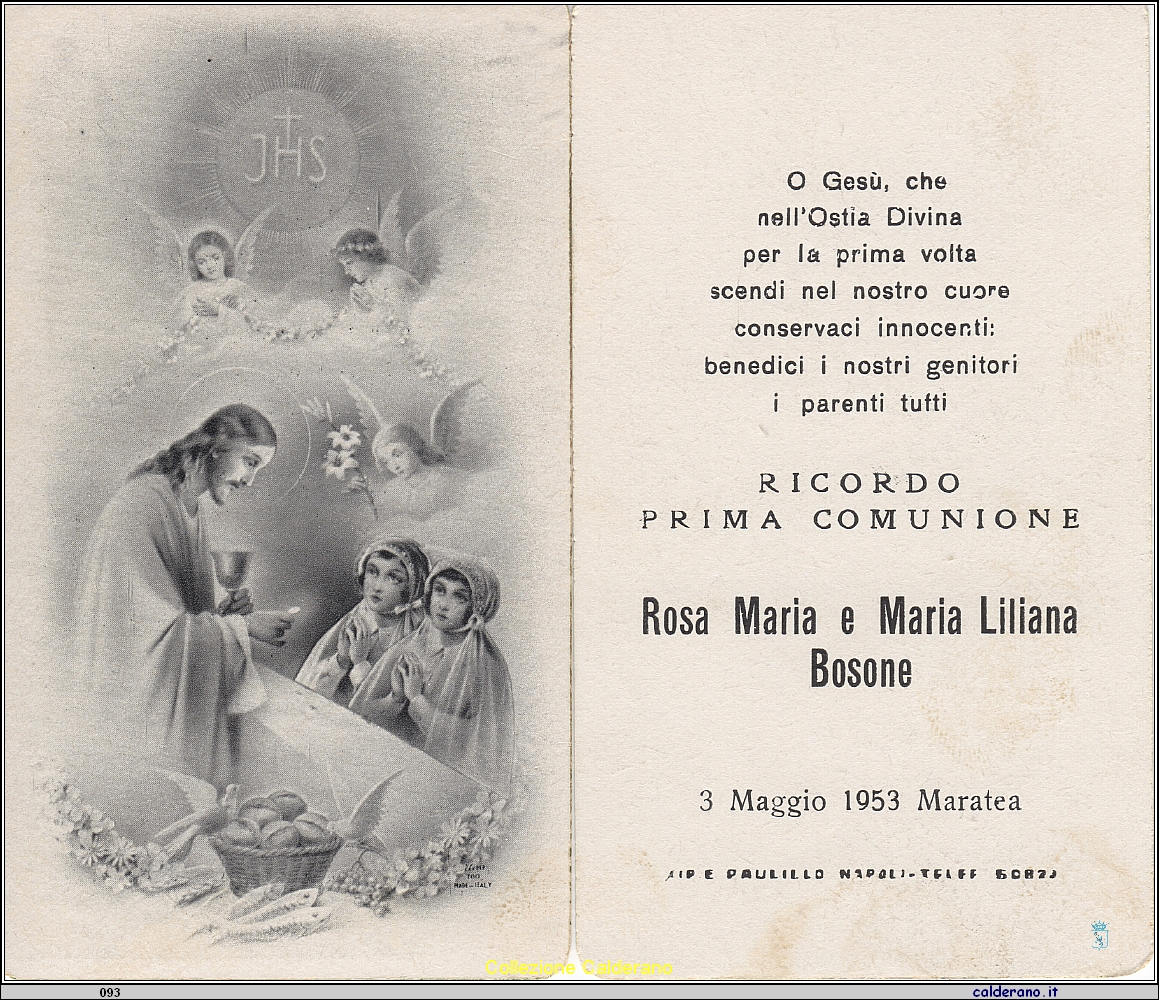 Ricordino della Prima Comunione di Rosa Maria e Maria Liliana Bosone 1953.jpg