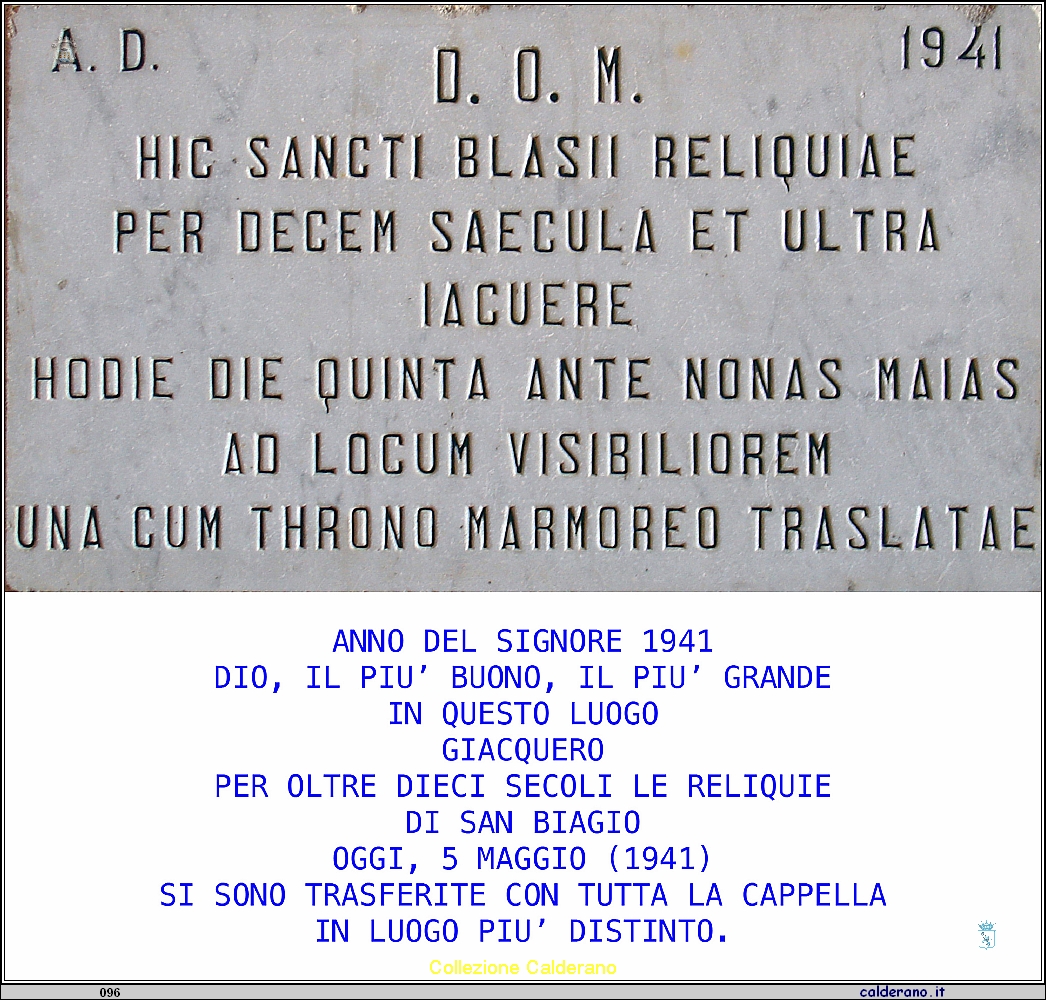 Lapide per lo spostamento della Cappella nella basilica di San Biagio.jpg