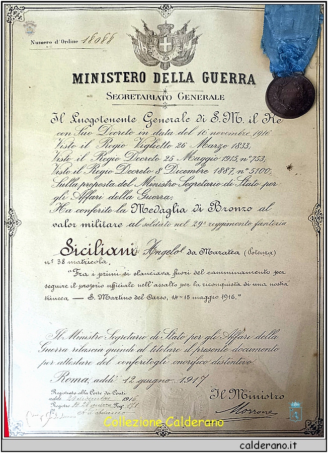 Angelo Siciliani - diploma della Medaglia di Bronzo al Valore Militare - 12-06-1917.jpg