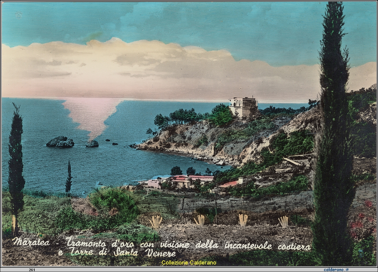 Cartolina - Tramonto d'oro con visione della incantevole costiera e Torre di Santa Venere - Ediz. Ditta F. & U. Scoppetta di U.S. Maratea.jpeg