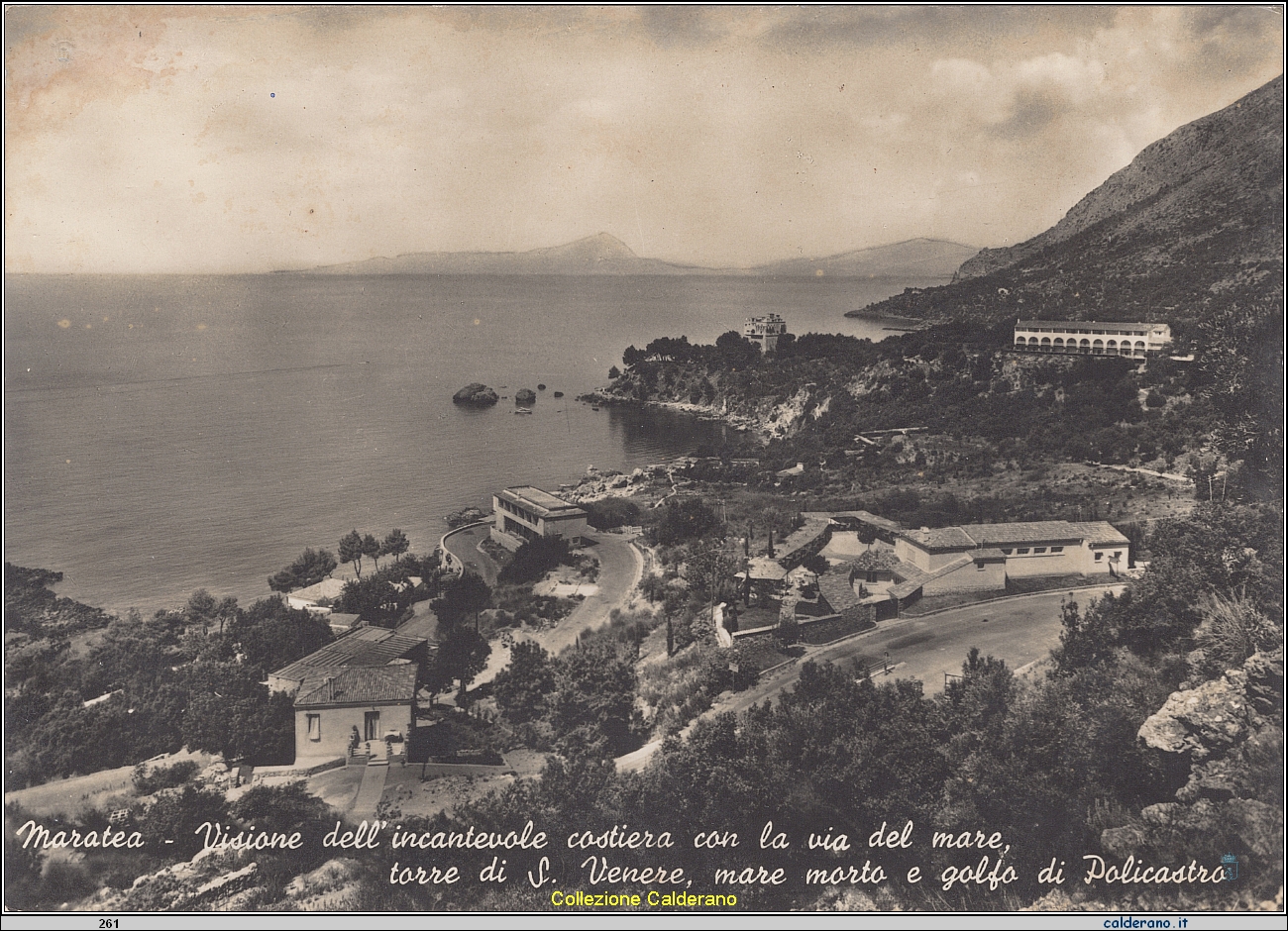 Cartolina - Visione dell'incantevole costiera con la via del mare, torre di S. Venere, mare morto e golfo di Policastro - Ditta F. e U. Scoppetta di U.S. .jpeg